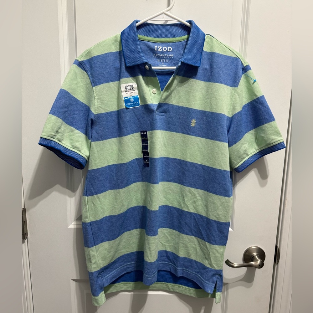 Izod Men’s Blue and Light Green Wide Stripe Polo